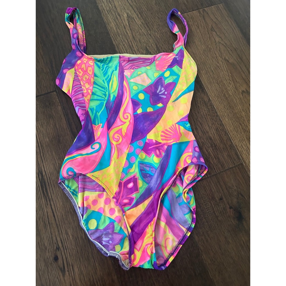 Vintage Catalina Womens One Piece Swimsuit Neon Abstract Tropical Strappy Back